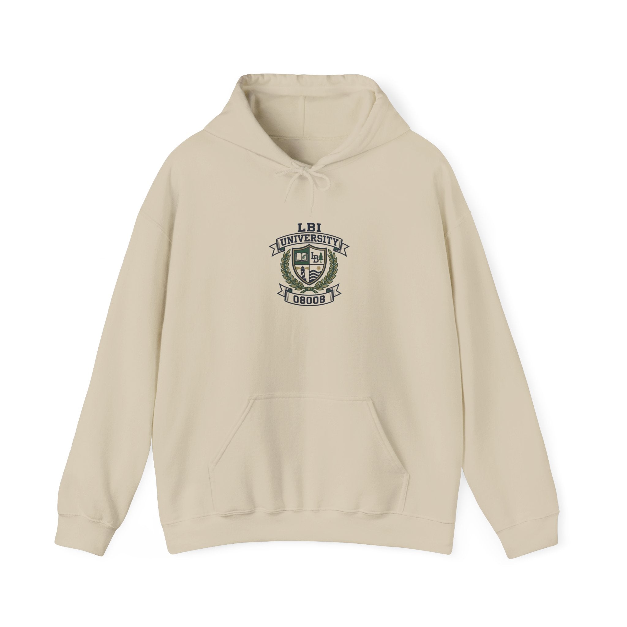 University Crest Hoodie – LBI UNIVERSITY 08008 Collegiate Emblem Hoodie