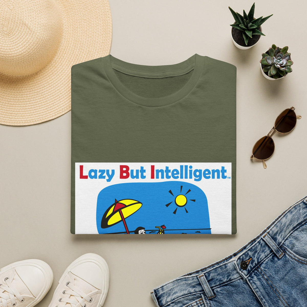Funny "Lazy But Intelligent" T-Shirt — Humorous Beach Lounge Graphic Tee