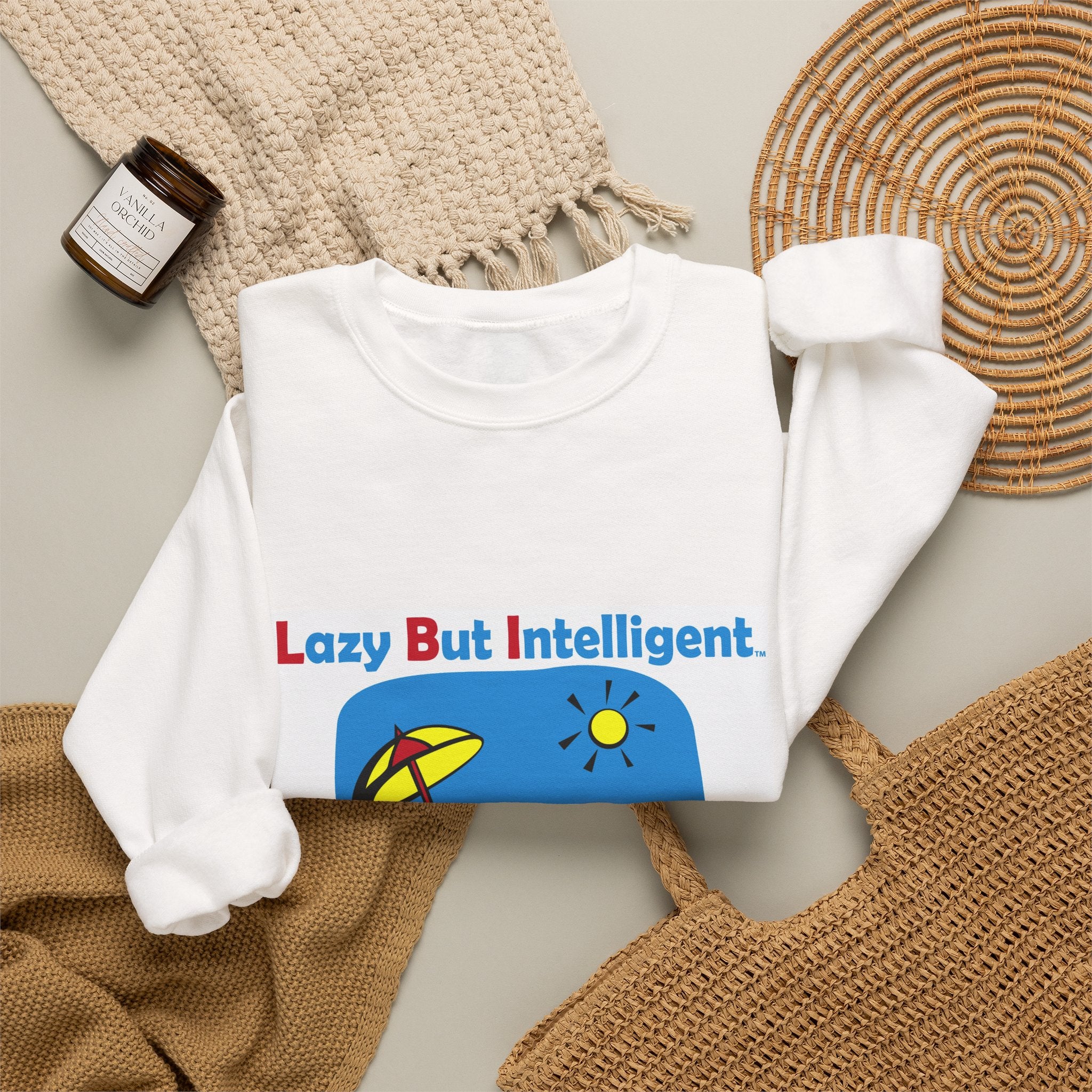 Trademarked: Crewneck Sweatshirt —"Lazy But Intelligent" Original Beach Lounge Graphic
