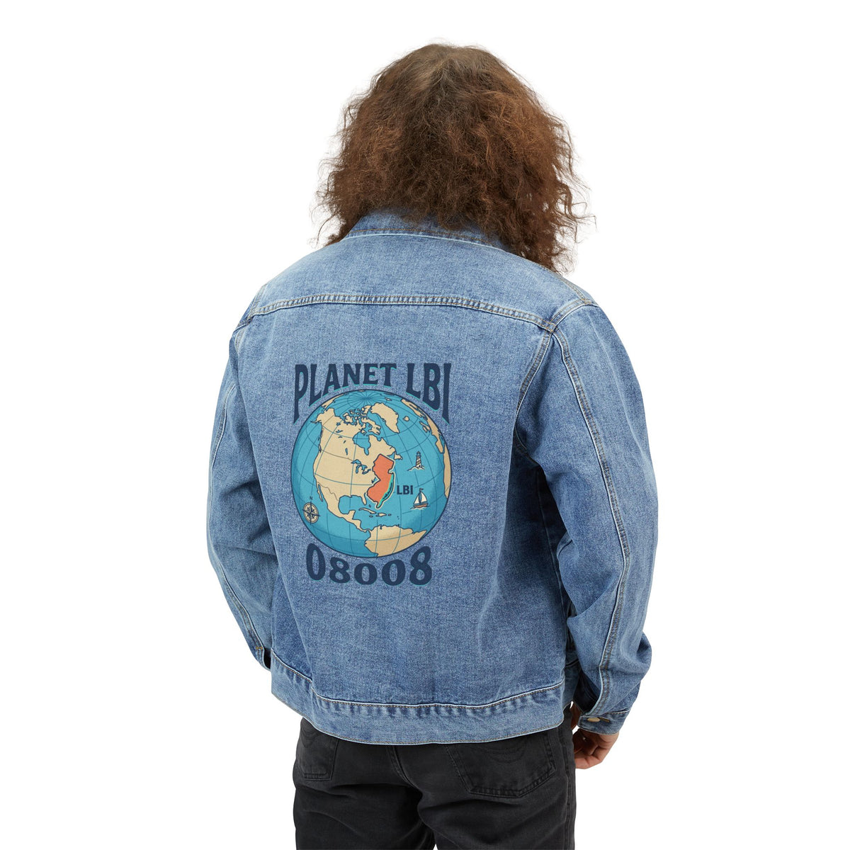 Denim Jacket — Planet LBI 08008 Back Graphic | Coastal Surf Trademarked Trucker Jacket