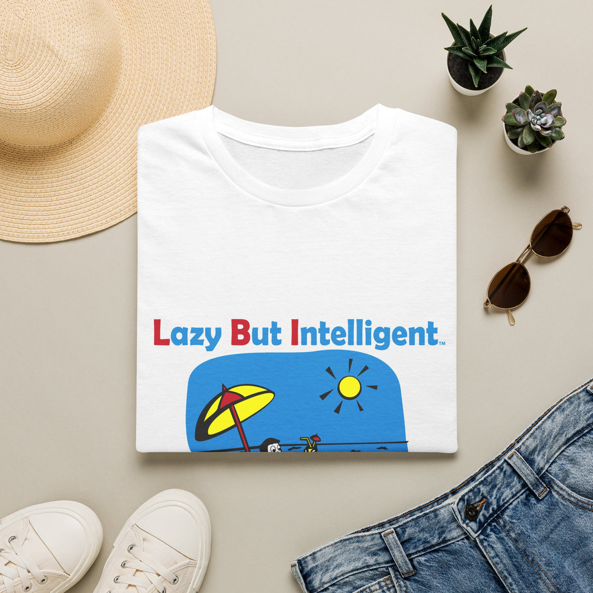 Funny "Lazy But Intelligent" T-Shirt — Humorous Beach Lounge Graphic Tee
