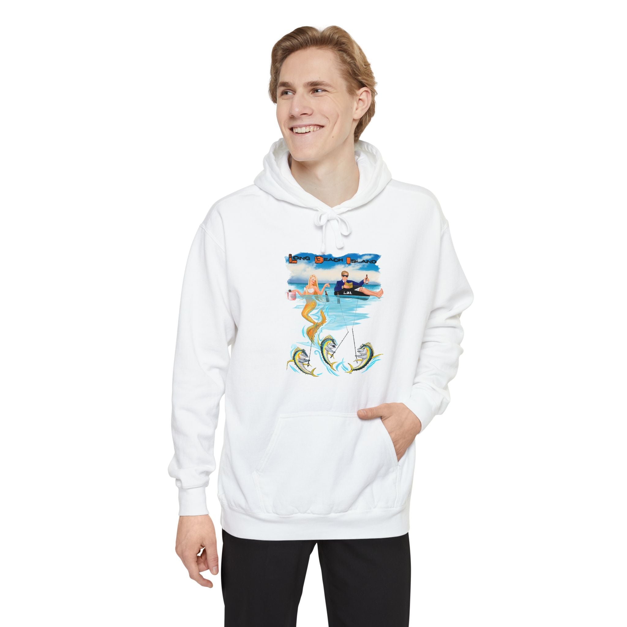 LONG BEACH ISLAND Surfer Mermaid Hoodie — Vintage Ocean Wave Graphic Pullover