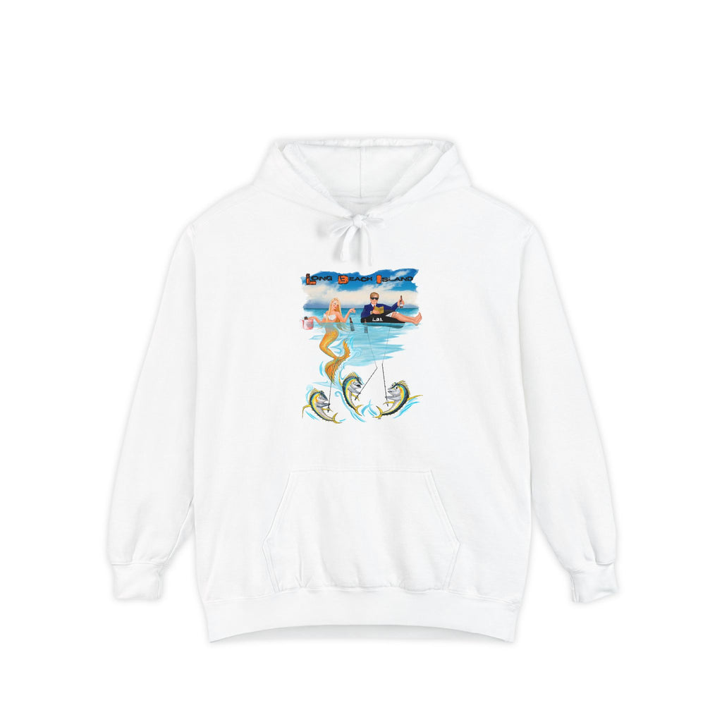 LONG BEACH ISLAND Surfer Mermaid Hoodie — Vintage Ocean Wave Graphic Pullover