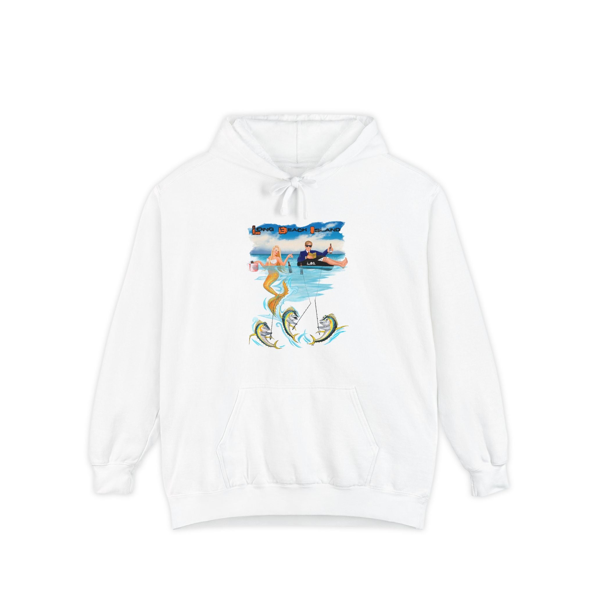 LONG BEACH ISLAND Surfer Mermaid Hoodie — Vintage Ocean Wave Graphic Pullover