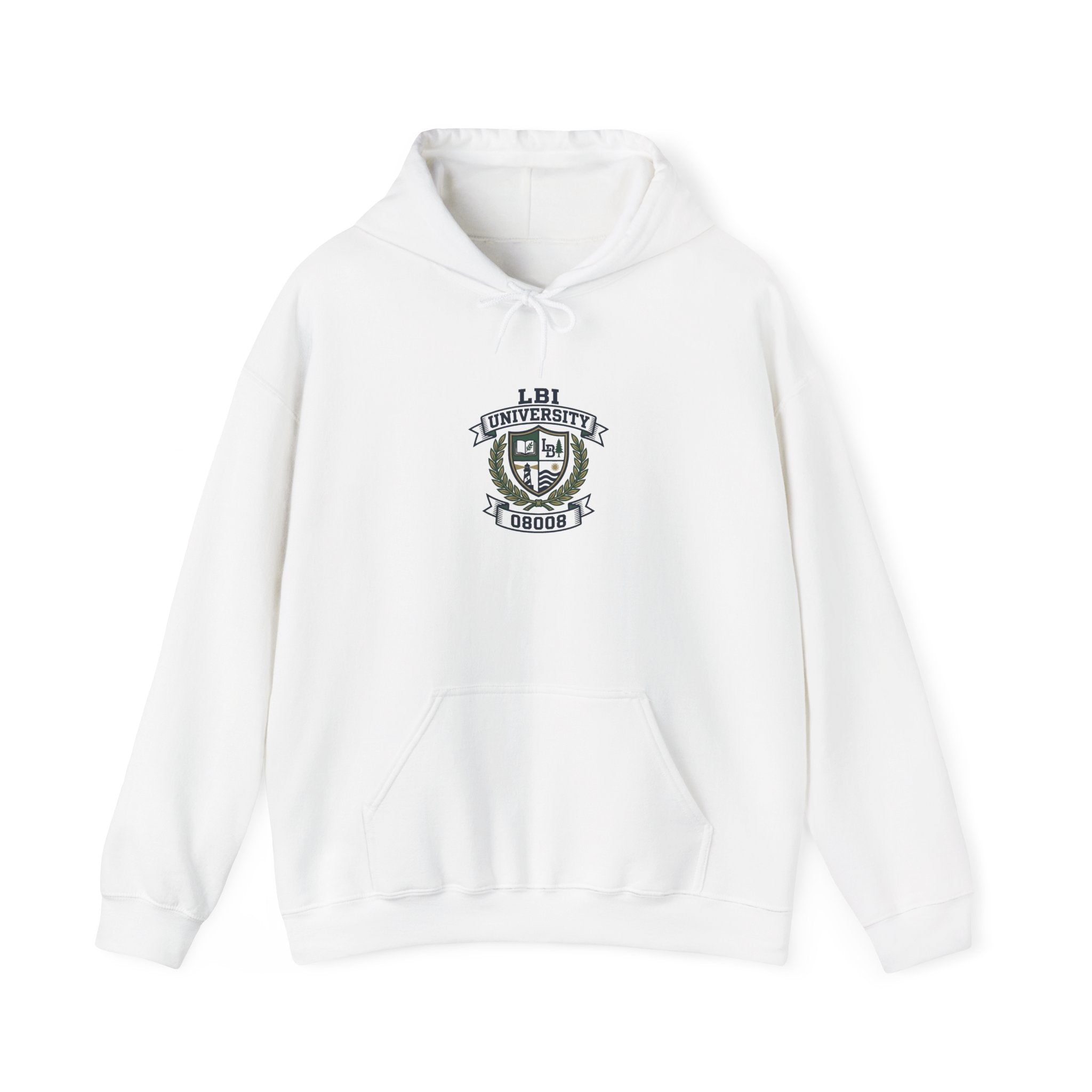 University Crest Hoodie – LBI UNIVERSITY 08008 Collegiate Emblem Hoodie