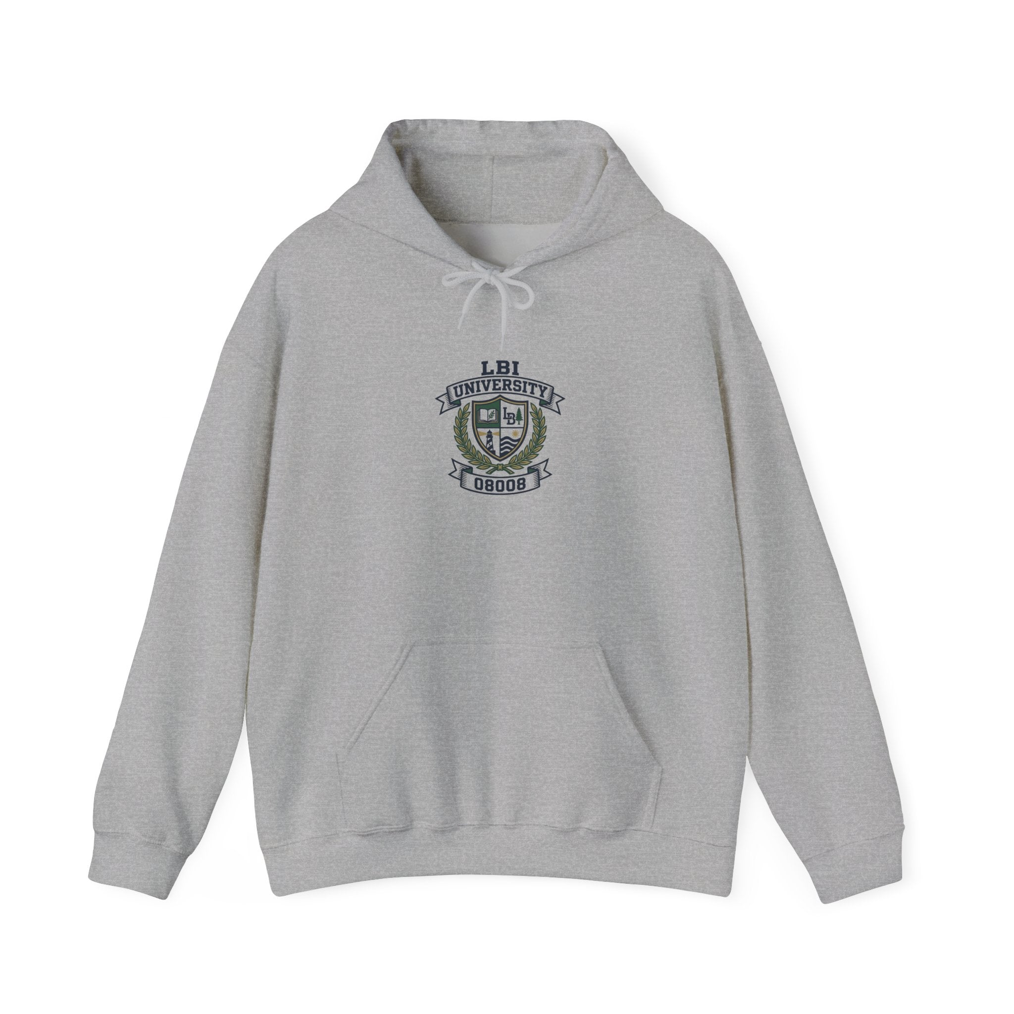 University Crest Hoodie – LBI UNIVERSITY 08008 Collegiate Emblem Hoodie