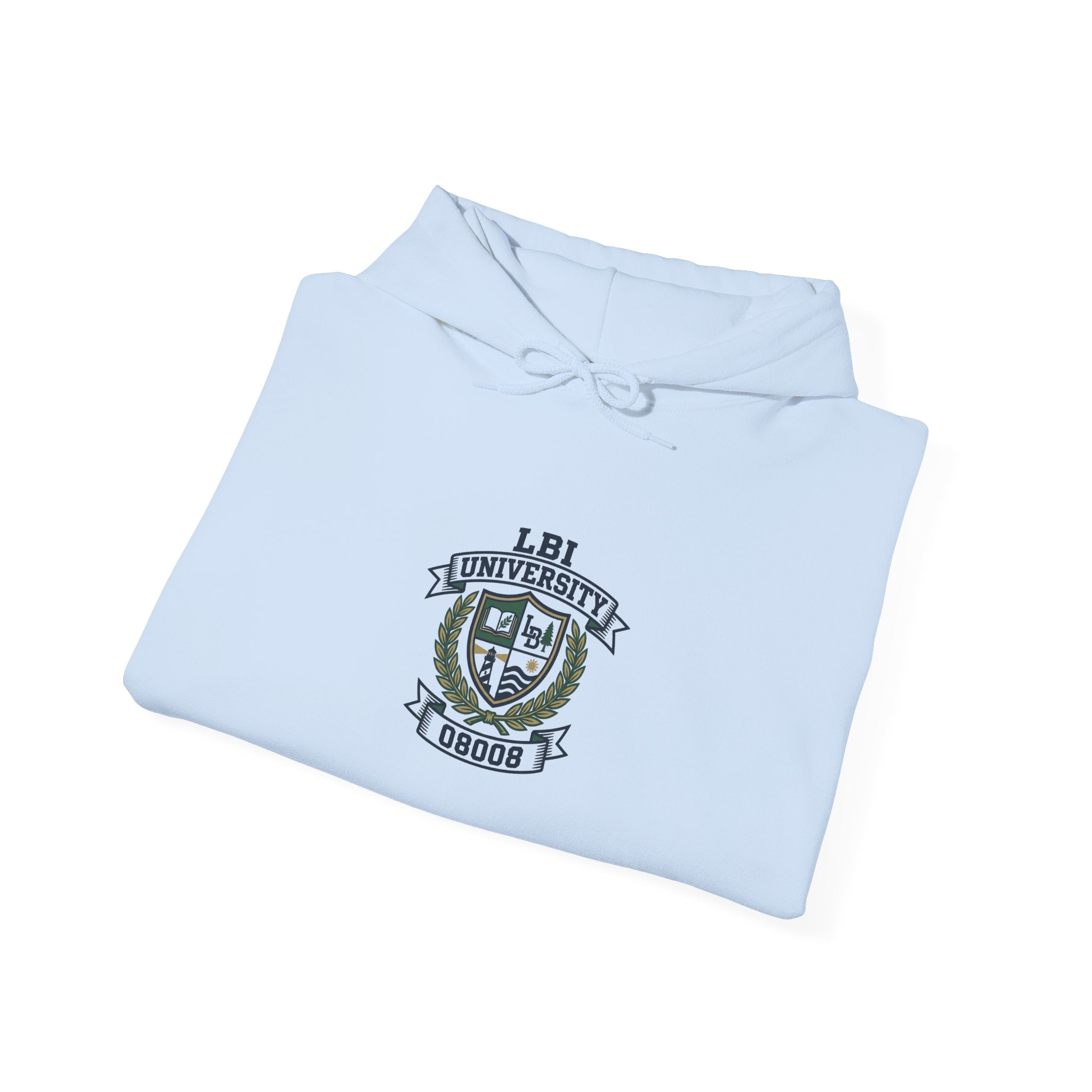 University Crest Hoodie – LBI UNIVERSITY 08008 Collegiate Emblem Hoodie