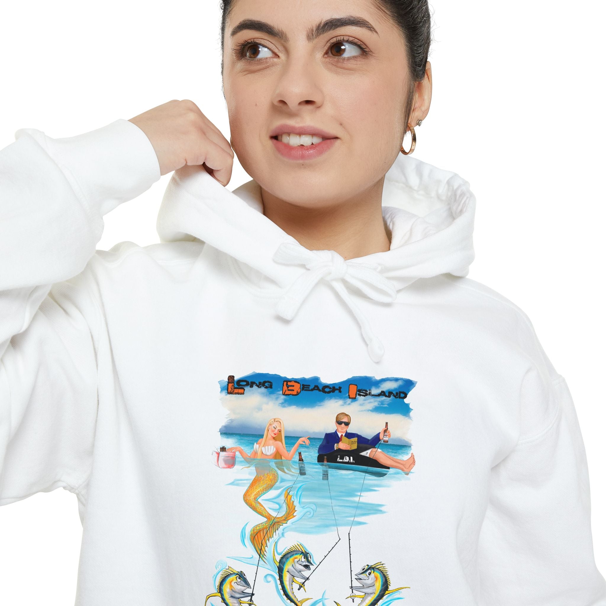 LONG BEACH ISLAND Surfer Mermaid Hoodie — Vintage Ocean Wave Graphic Pullover