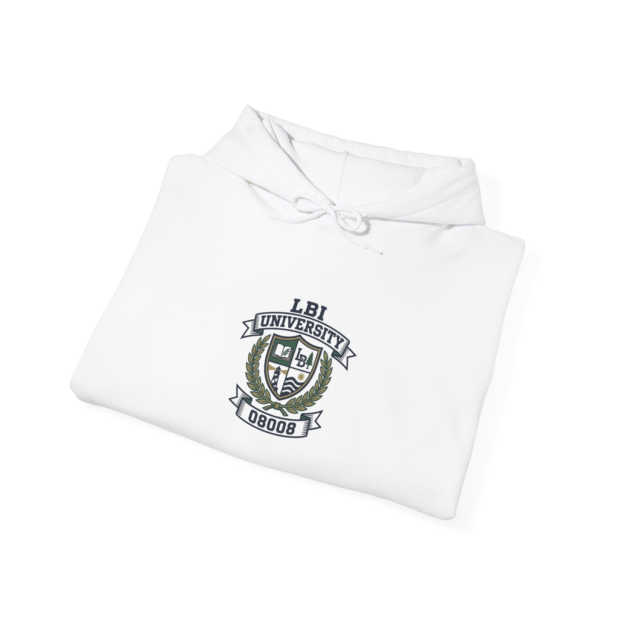 University Crest Hoodie – LBI UNIVERSITY 08008 Collegiate Emblem Hoodie