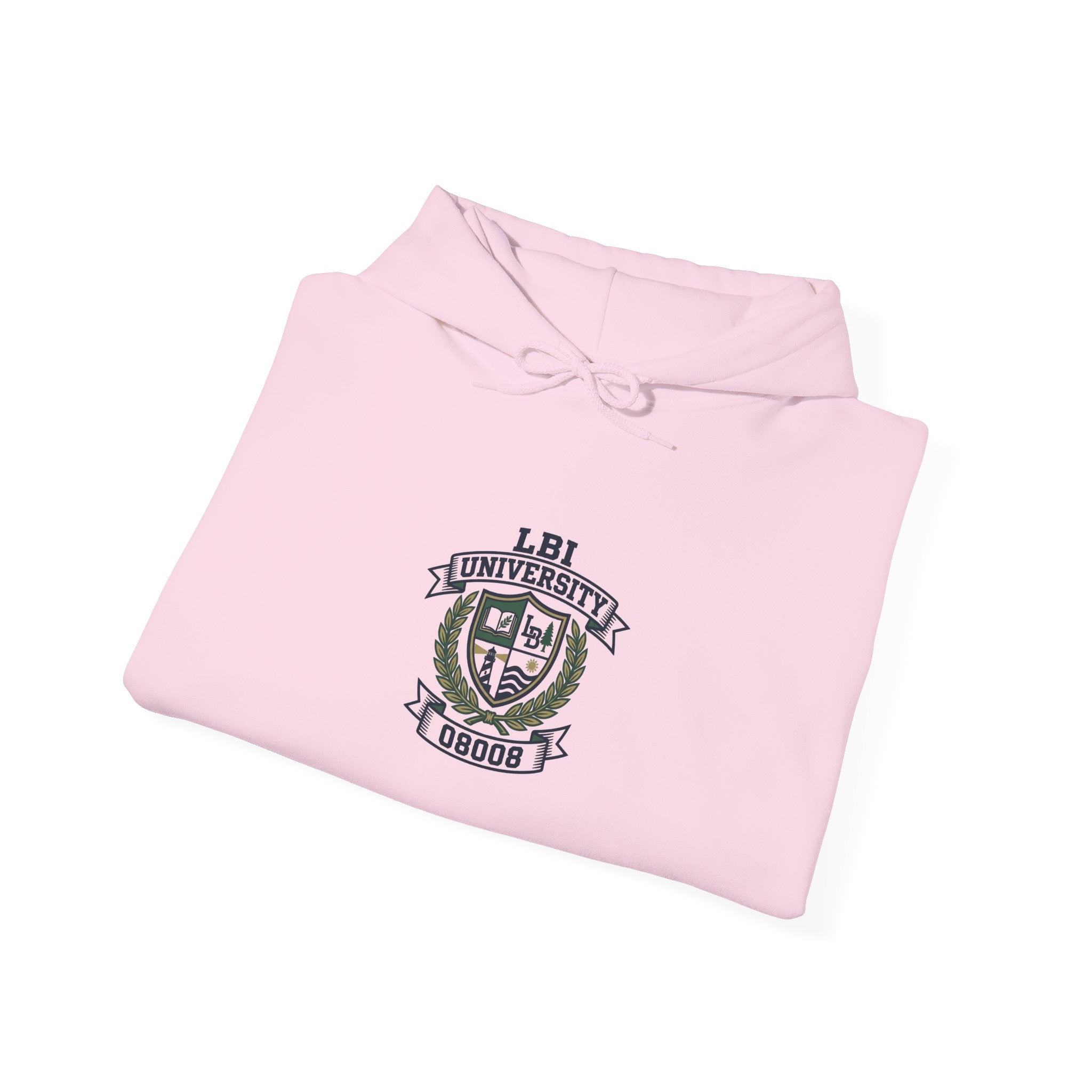 University Crest Hoodie – LBI UNIVERSITY 08008 Collegiate Emblem Hoodie